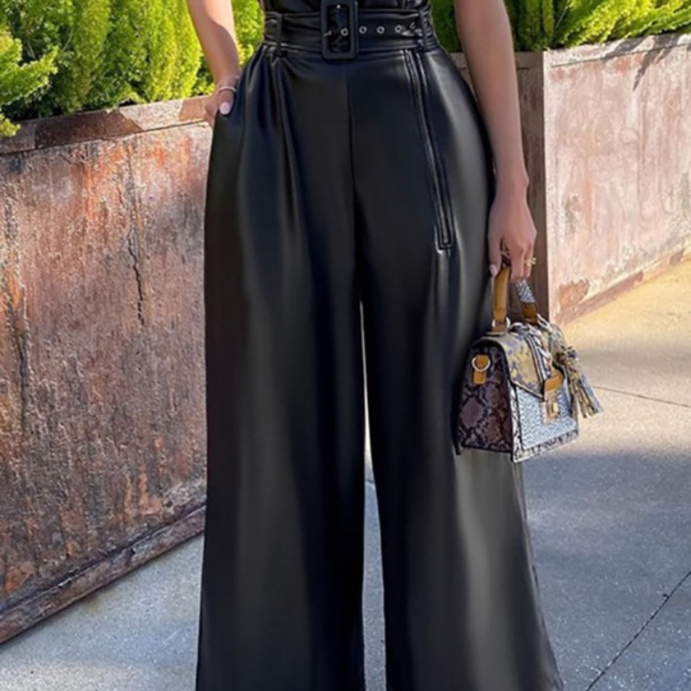 Leather Wide Leg Pants w/Belt